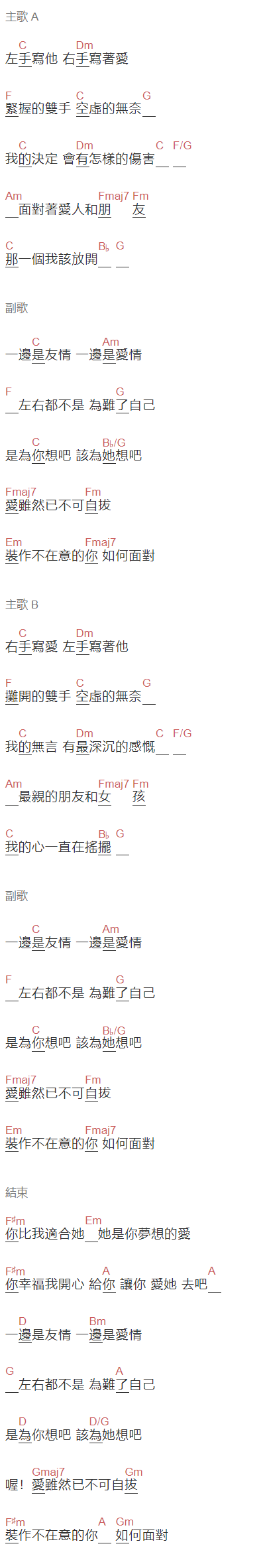 鄭中基,張學友《左右为难》吉他谱C调和弦谱(txt)1