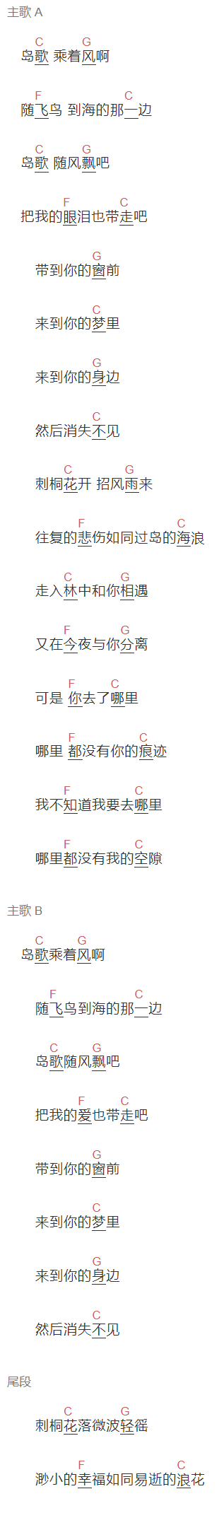 汤旭《岛歌》吉他谱C调和弦谱(txt)1