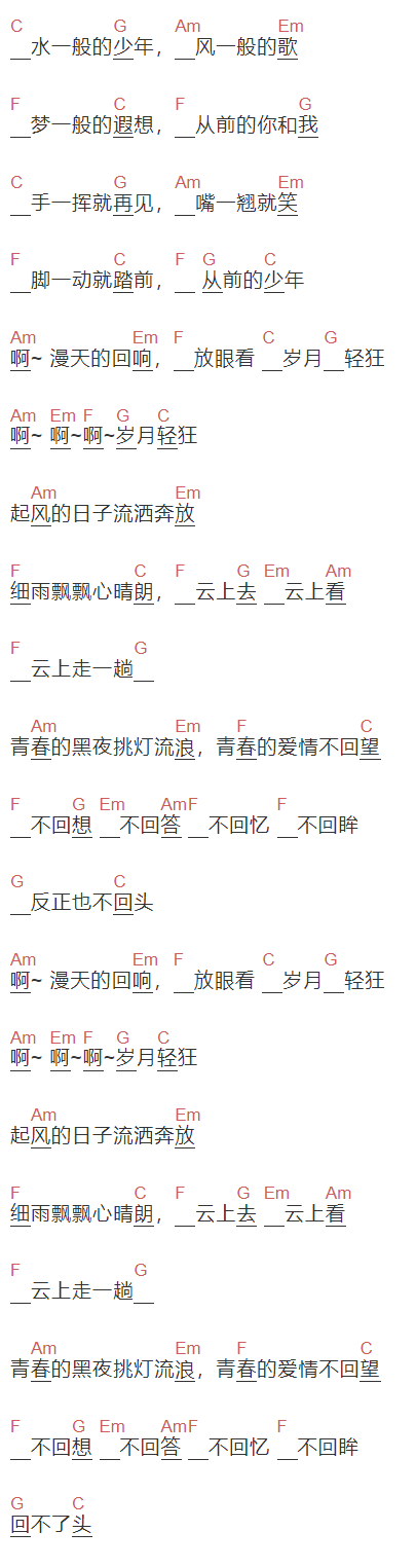 李治廷《岁月轻狂》吉他谱C调和弦谱(txt)1