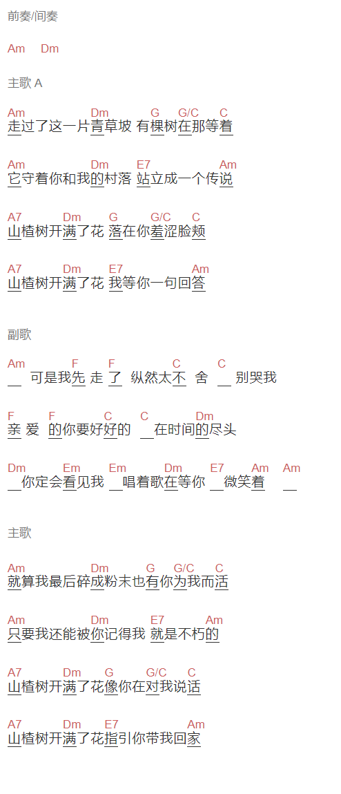 陈楚生《山楂花》吉他谱C调和弦谱(txt)1