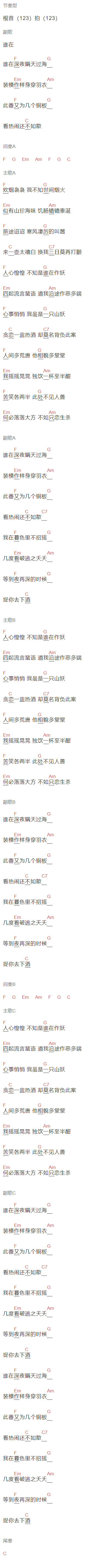 皮卡丘多多《山妖》吉他谱C调和弦谱(txt)1