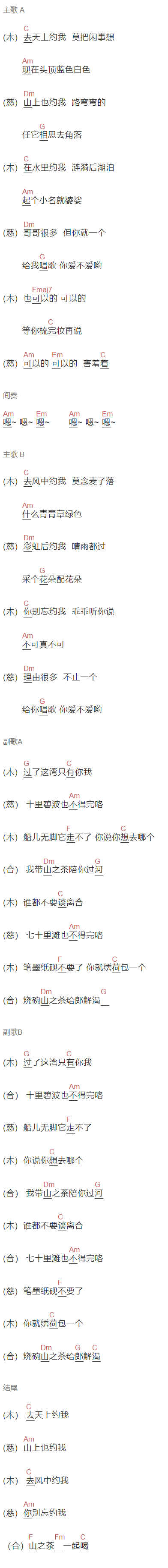 程璧,容千《山之茶》吉他谱C调和弦谱(txt)1