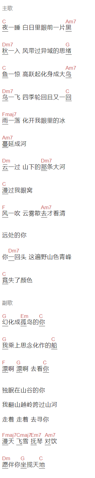 方拾贰《山下》吉他谱C调和弦谱(txt)1