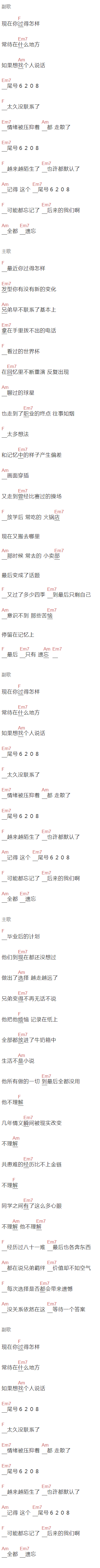 严浩翔《尾号6208》吉他谱C调和弦谱(txt)1