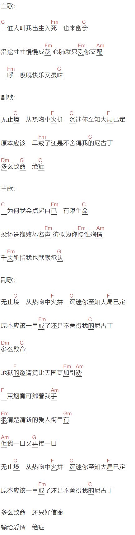 陈冠希《尼古丁》吉他谱C调和弦谱(txt)1