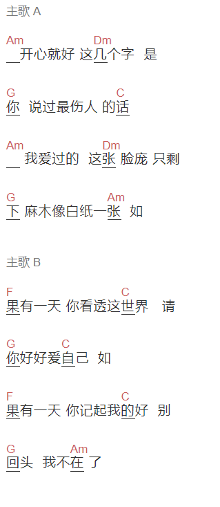 王栎鑫《就好》吉他谱C调和弦谱(txt)1