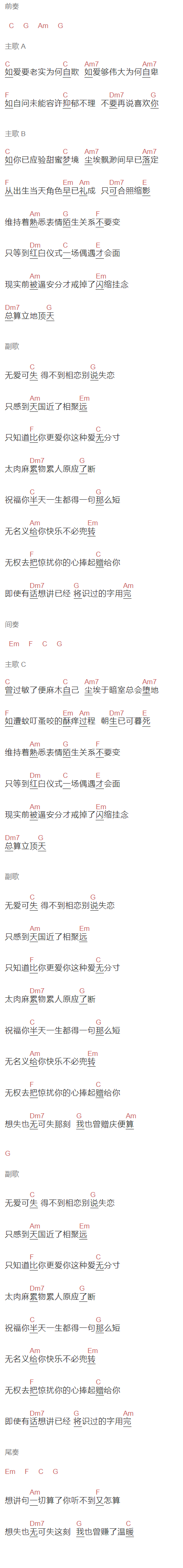张敬轩《尘埃落定》吉他谱C调和弦谱(txt)1