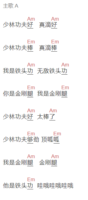 周星驰《少林功夫好》吉他谱C调和弦谱(txt)1
