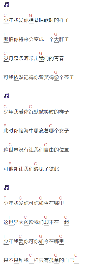花粥《少年你在哪里》吉他谱C调和弦谱(txt)1