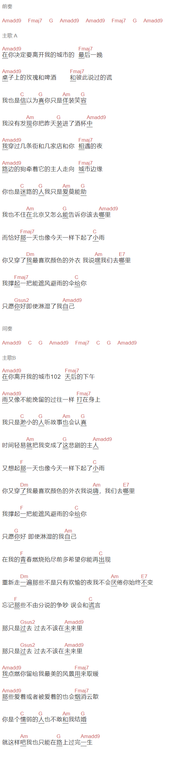 崔跃文《小雨日记》吉他谱C调和弦谱(txt)1