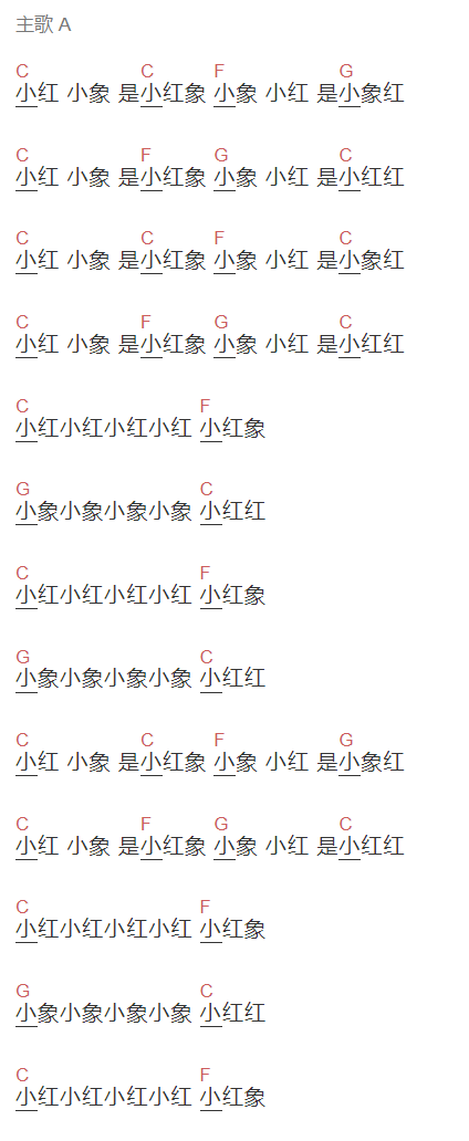 杨超越《小红象》吉他谱C调和弦谱(txt)1