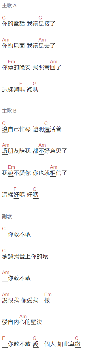 徐佳莹《你敢不敢》吉他谱C调和弦谱(txt)1