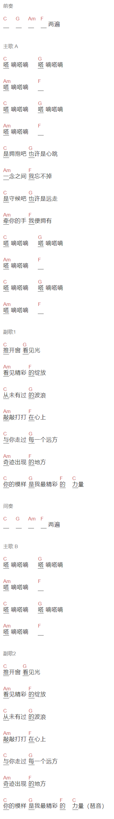 任静静《你带给我的》吉他谱C调和弦谱(txt)1