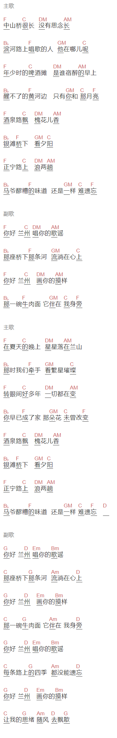 小金先生《你好，兰州》吉他谱C调和弦谱(txt)1