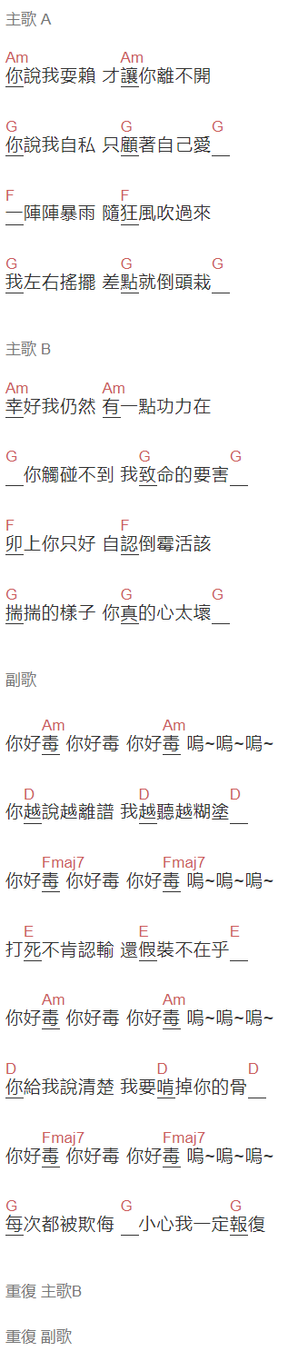 張學友《你好毒》吉他谱C调和弦谱(txt)1