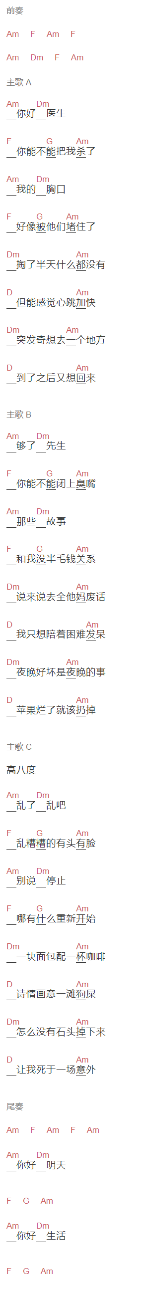 李志《你好明天》吉他谱C调和弦谱(txt)1