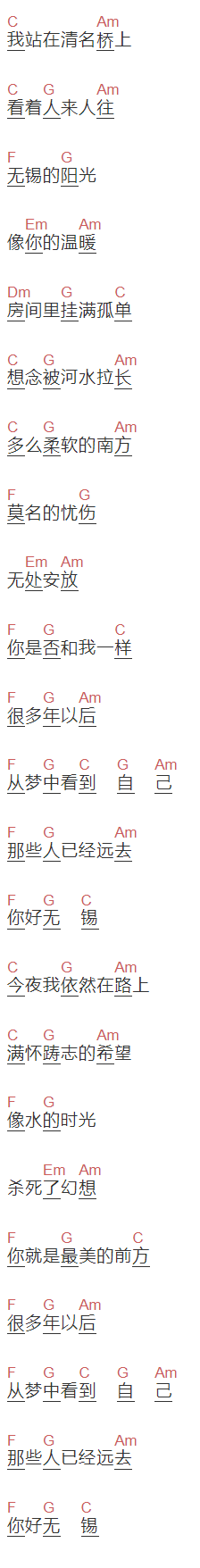 严老板《你好无锡》吉他谱C调和弦谱(txt)1