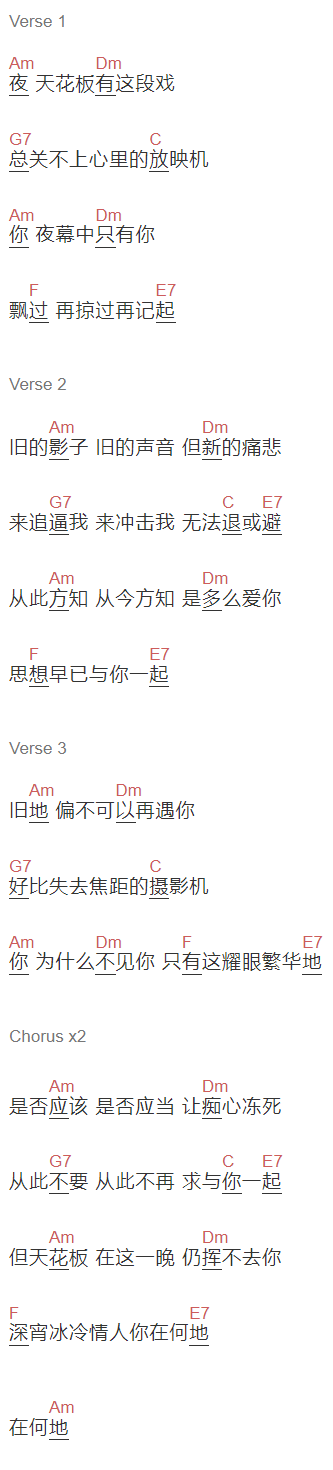 张国荣《你在何地》吉他谱C调和弦谱(txt)1