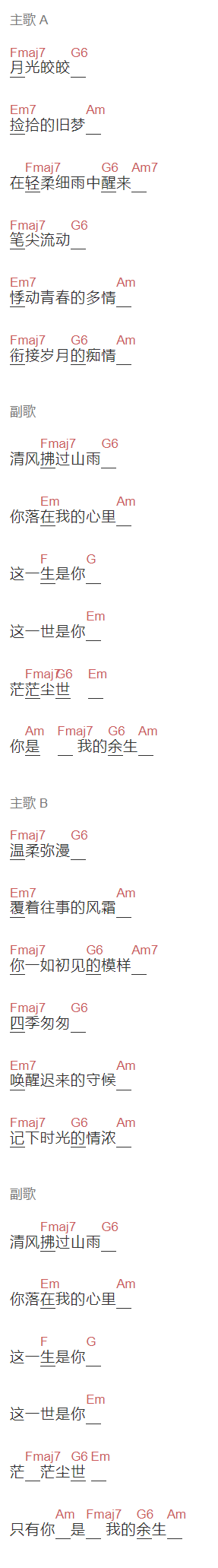黑芝烧《余生》吉他谱C调和弦谱(txt)1