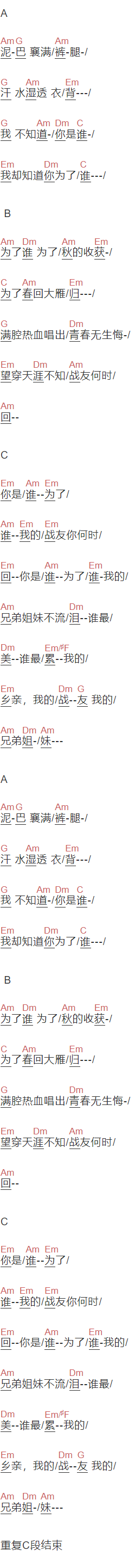 祖海《为了谁》吉他谱C调和弦谱(txt)1