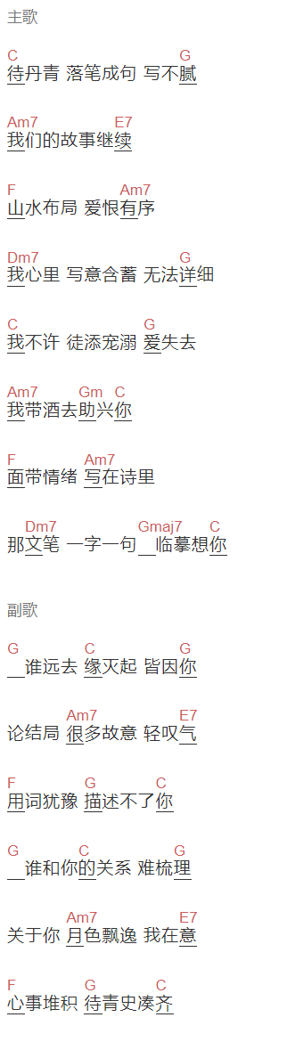 张含韵,蓝心羽《丹青墨绿》吉他谱C调和弦谱(txt)1
