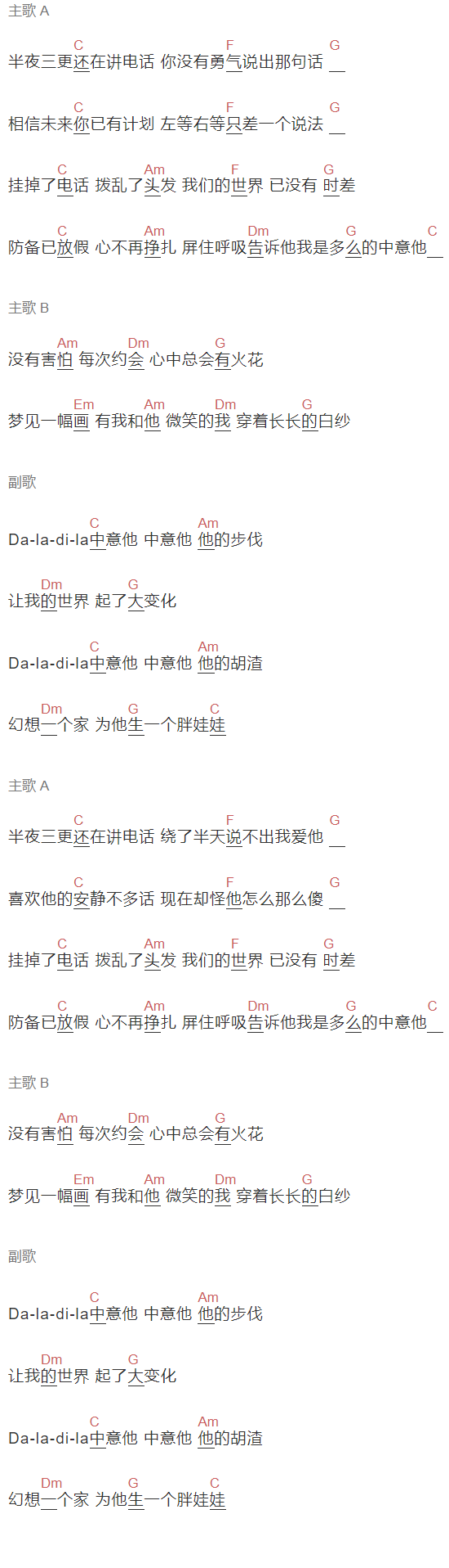 梁咏琪《中意他》吉他谱C调和弦谱(txt)1