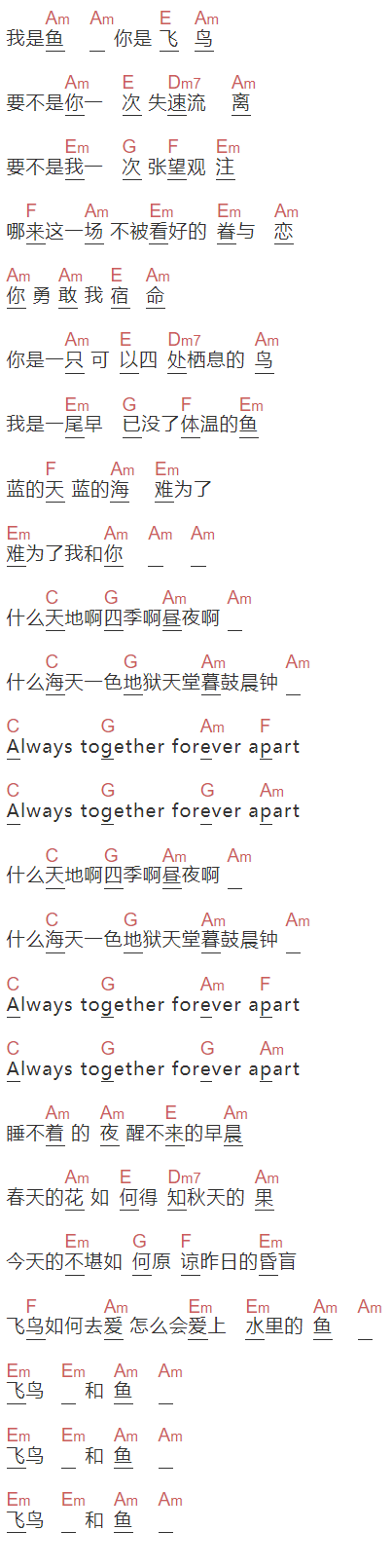 齐豫《飞鸟和鱼》吉他谱C调和弦谱(txt)1