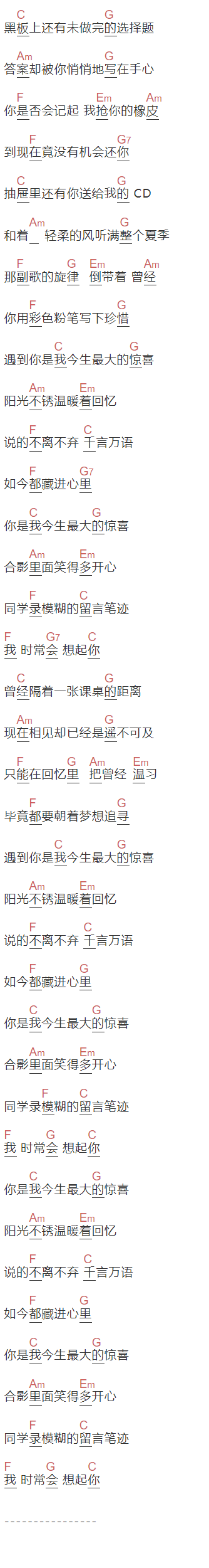 TFBOYS,王源《阳光不锈》吉他谱C调和弦谱(txt)1