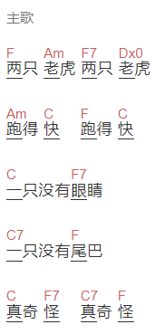 《两只老虎》吉他谱C调和弦谱(txt)1