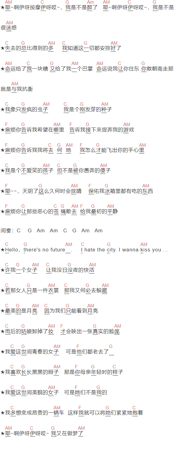 赵雷《飞来飞去》吉他谱C调和弦谱(txt)1