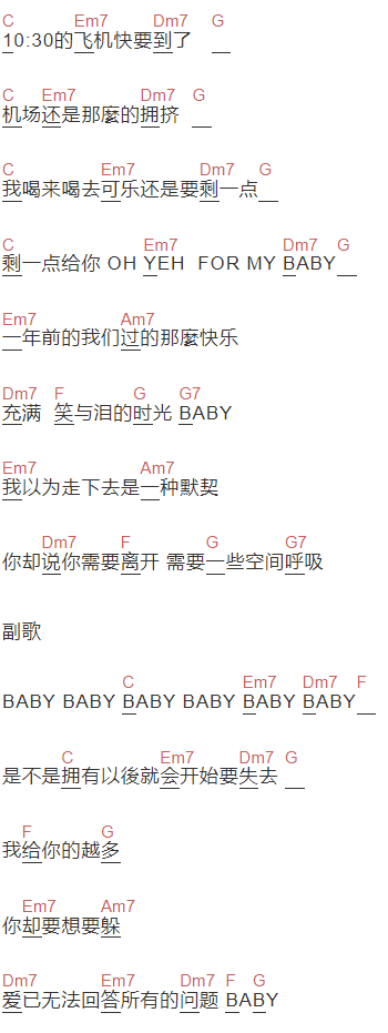 陶喆《飞机场的10：30》吉他谱C调和弦谱(txt)1