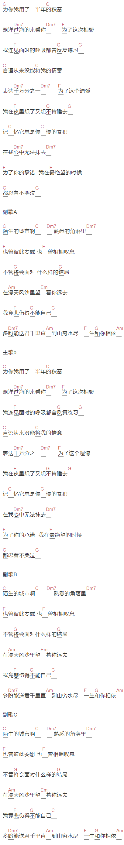 李宗盛《飘洋过海来看你》吉他谱C调和弦谱(txt)1