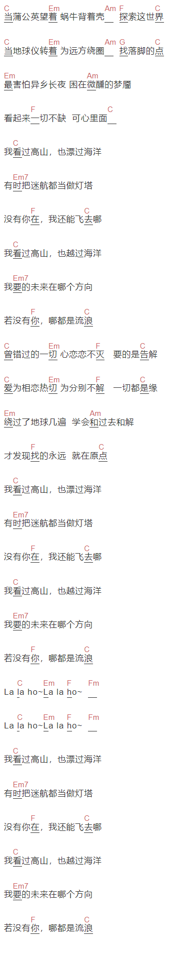 马頔《飘》吉他谱C调和弦谱(txt)1