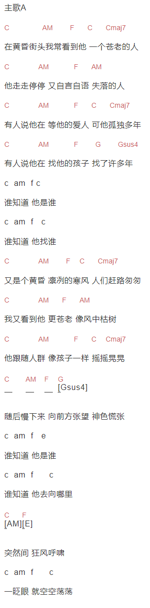 李健《风吹黄昏》吉他谱C调和弦谱(txt)1