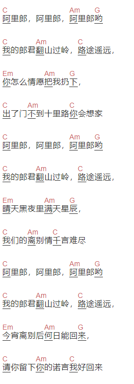 朝鲜民歌《阿里郎》吉他谱C调和弦谱(txt)1