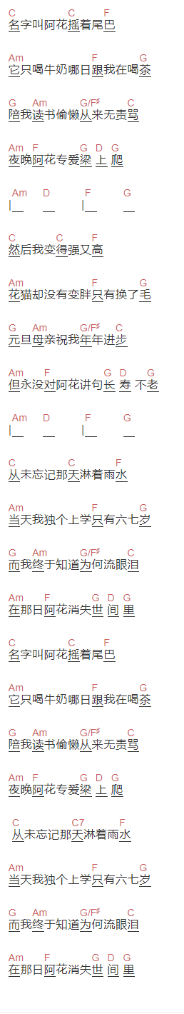 袁凤瑛《阿花的故事》吉他谱C调和弦谱(txt)1