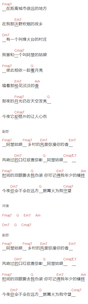 梁凡《阿楚》吉他谱C调和弦谱(txt)1