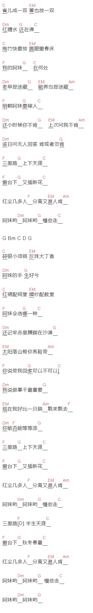 上海彩虹室内合唱团《阿妹》吉他谱C调和弦谱(txt)1