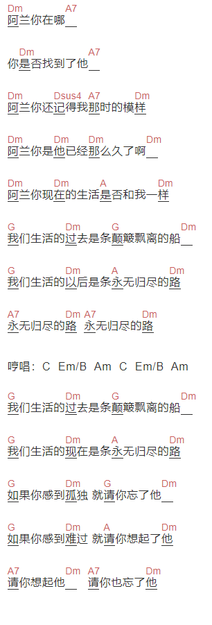李志《阿兰》吉他谱C调和弦谱(txt)1