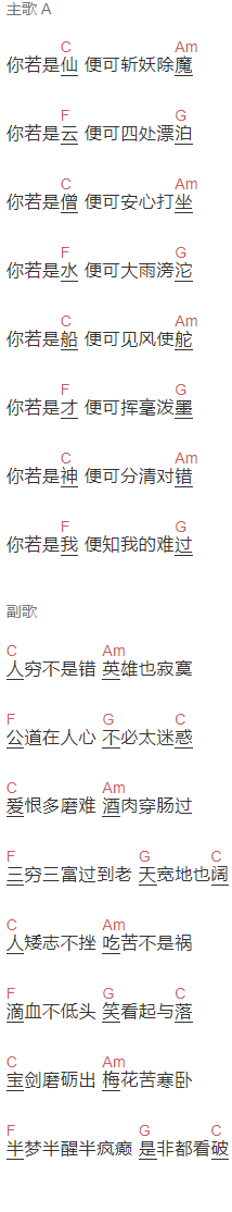  花僮,雪十郎《醉人谣》吉他谱C调和弦谱(txt)1
