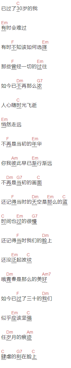 陌上君《过了三十的我们》吉他谱C调和弦谱(txt)1