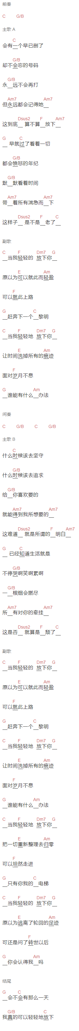 小柯《轻轻的放下》吉他谱C调和弦谱(txt)1