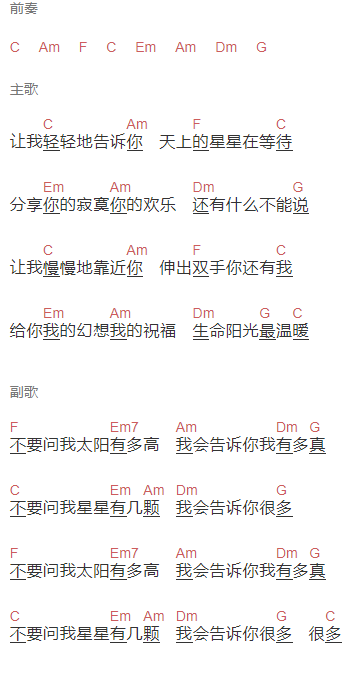 杨钰莹《轻轻地告诉你》吉他谱C调和弦谱(txt)1