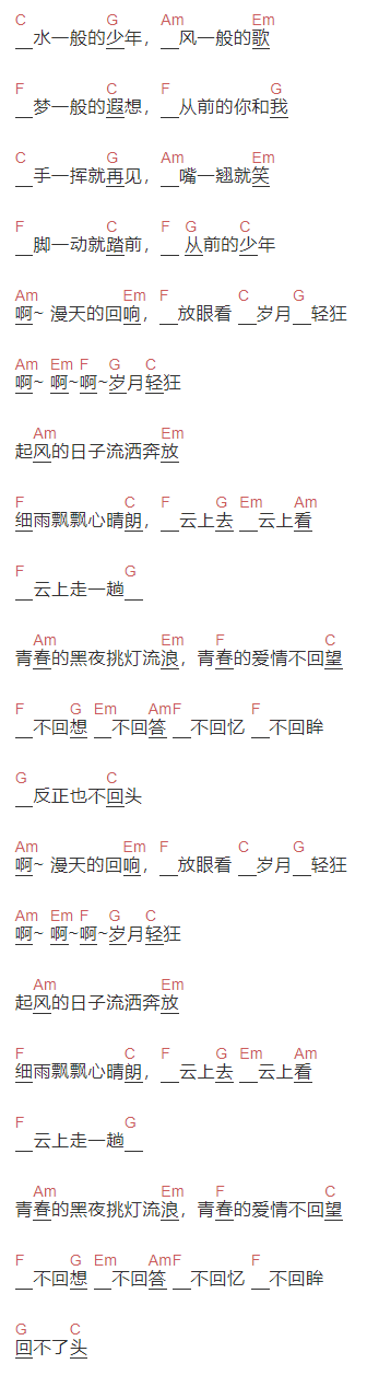 李治廷《轻狂》吉他谱C调和弦谱(txt)1