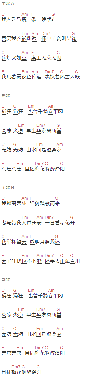 男同桌《踏歌行》吉他谱C调和弦谱(txt)1