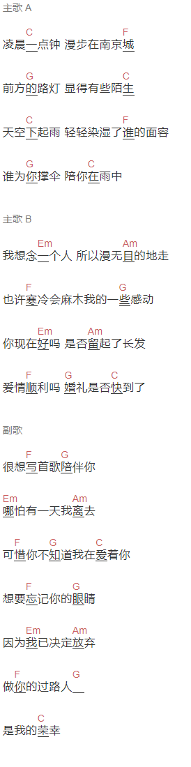 江皓南《路过南京路过你》吉他谱C调和弦谱(txt)1