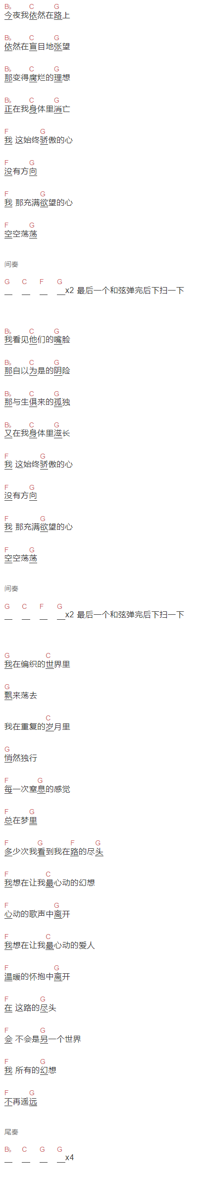 许巍《路的尽头》吉他谱C调和弦谱(txt)1