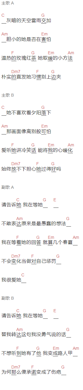 回音哥《请告诉她》吉他谱C调和弦谱(txt)1