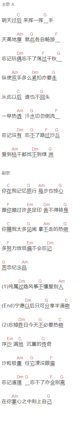  林峯《记得忘记》吉他谱C调和弦谱(txt)1
