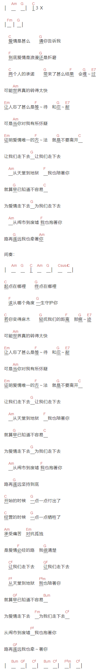  谢霆锋《让我们走下去》吉他谱C调和弦谱(txt)1